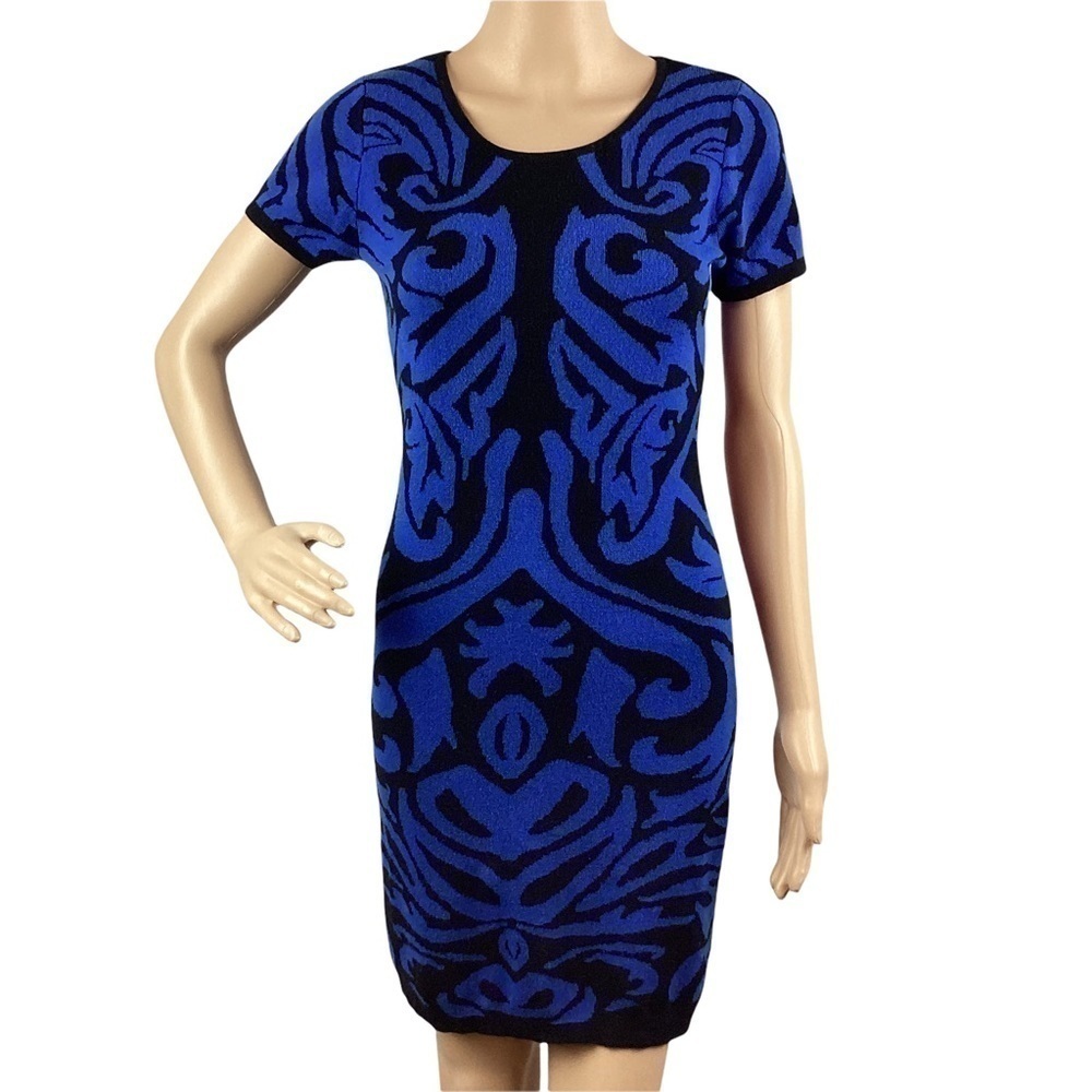 Nasty Gal Sweater Dress Size M Black Blue Fitted Bodycon Stretch Short Sleeve